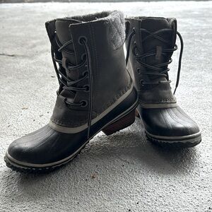 Sorel Black/Gray Leather Slimpack Lace Duck Boots 7